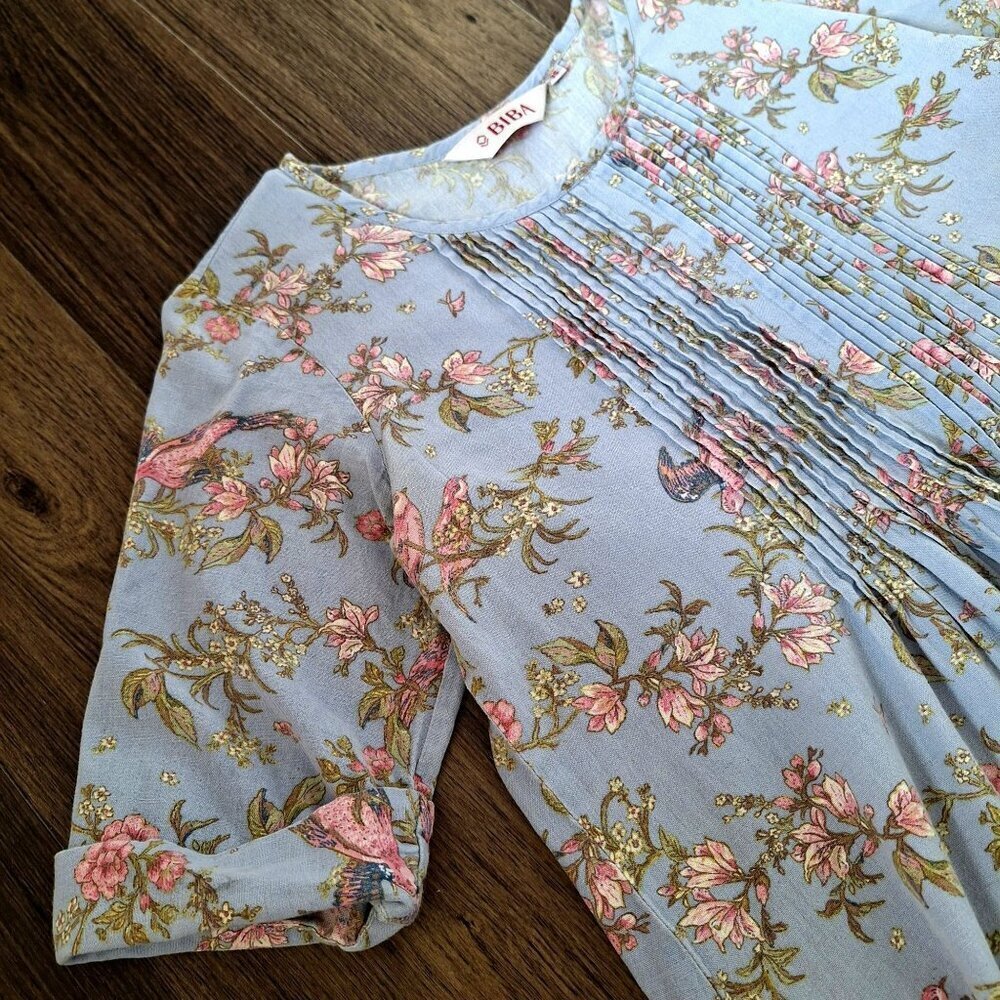 💙 Bila Floral Bird Printed Cotton Flex Dress Size S/M Cottage Romantic Girly - Picture 3 of 8